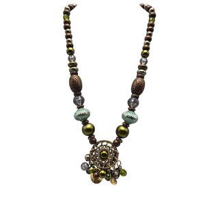 Handcrafted Bohemian Beaded Necklace With Pendant Green Accents